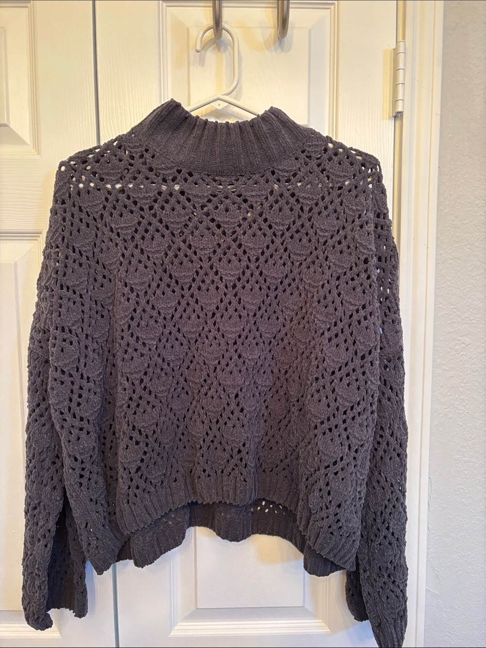 POL Open-Knit Mock Neck Sweater - Charcoal Gray